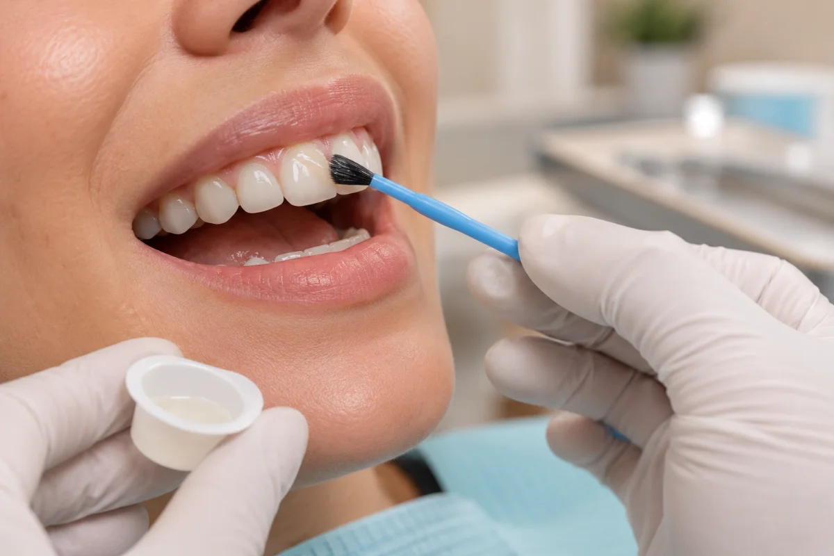 Fluoride foam tray on a clean counter at mend dental