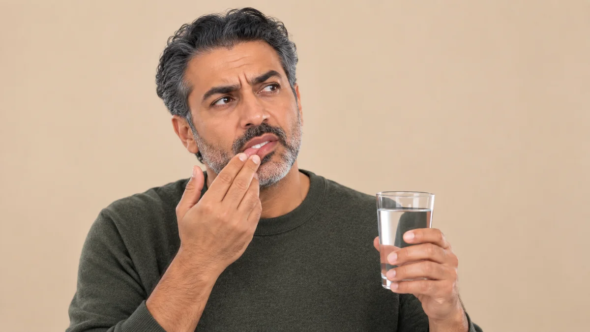 Glass of water and a medication organizer next to a toothbrush