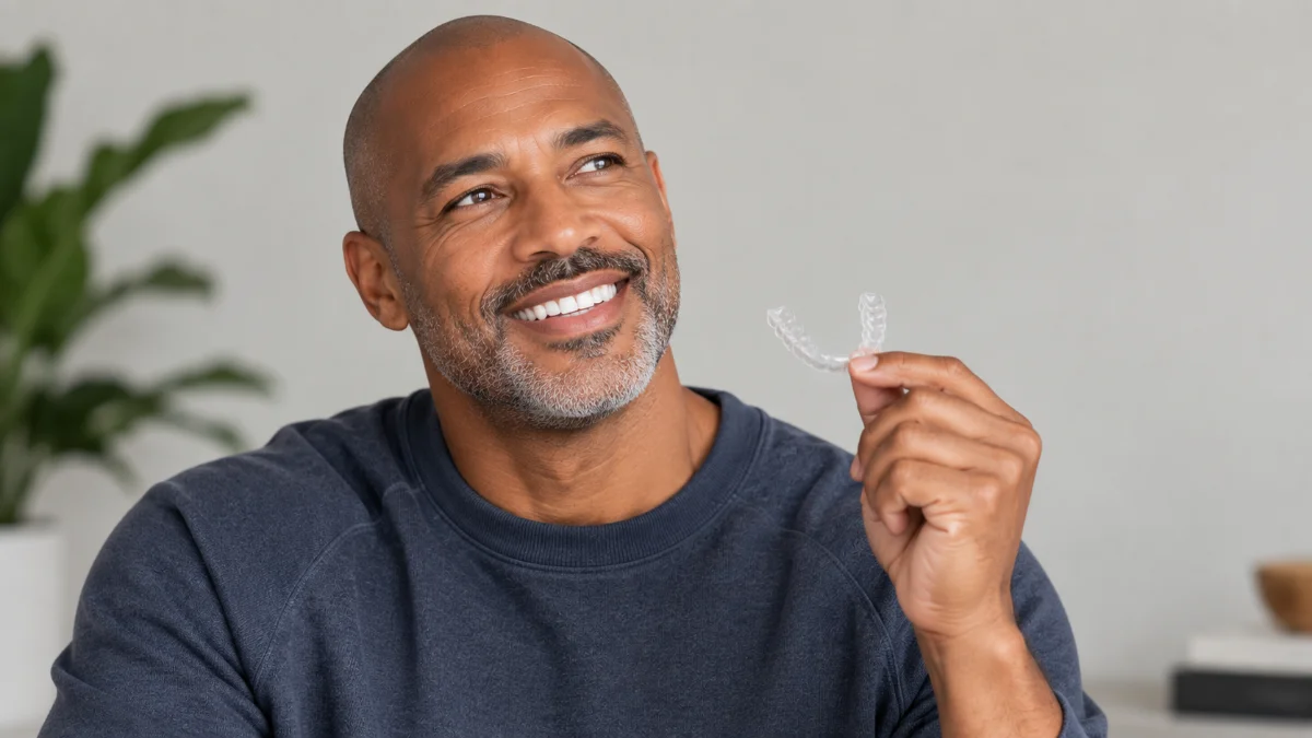 Adult patient holding a clear aligner in the mend dental consult room