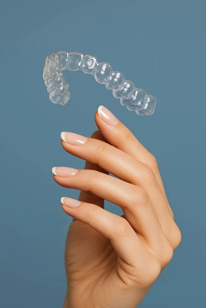 Patient smiling while holding an Invisalign clear aligner at mend dental in Irvine