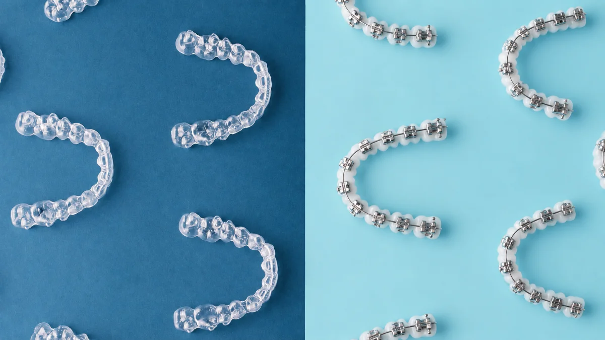Clear aligner next to a set of braces on a tray