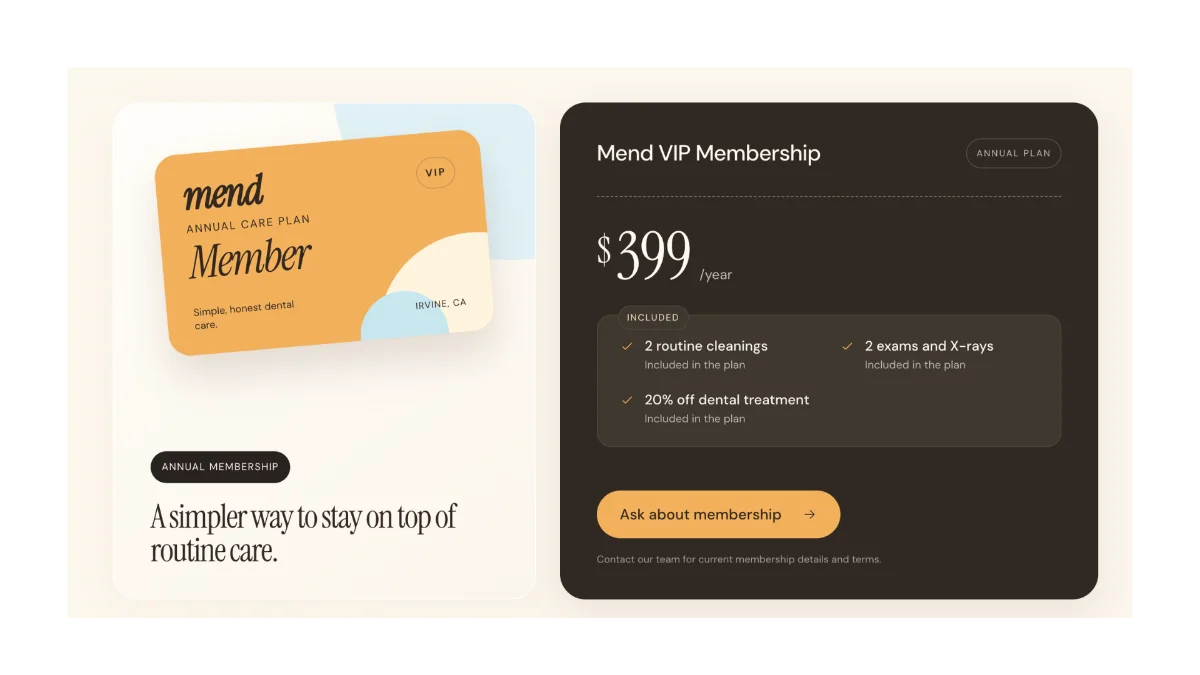 mend dental membership card on a desk