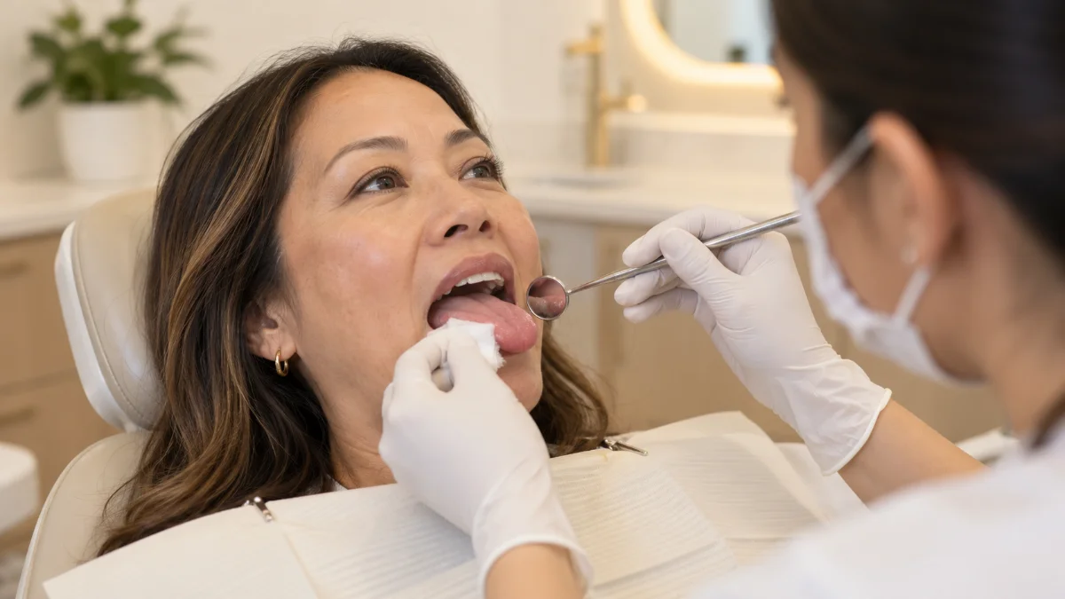 Dr. Sison examining a patient's tongue and soft tissue