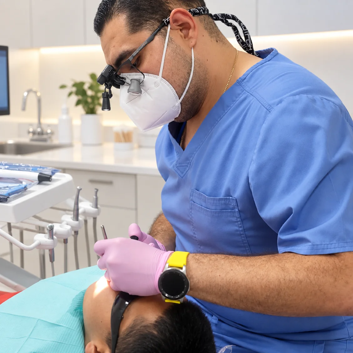 Dental hygienist Frank Harant performing a gentle teeth cleaning at mend dental in Irvine